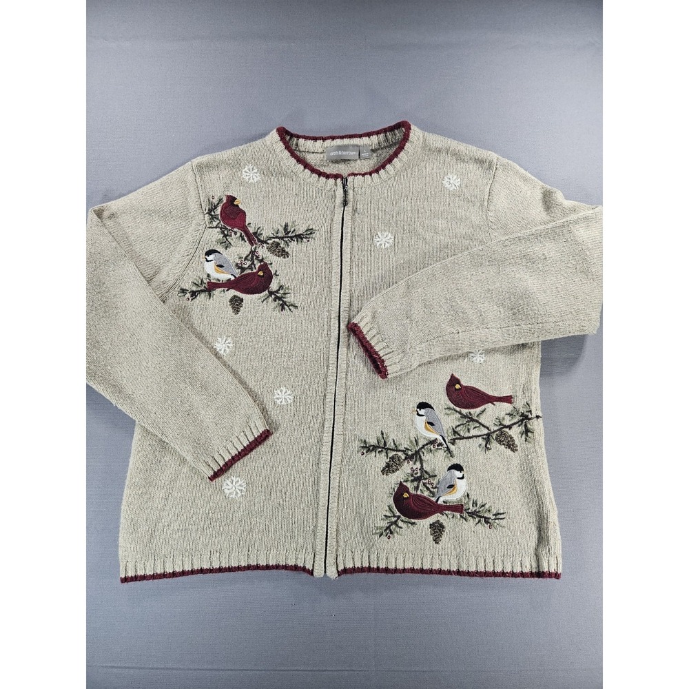 Croft & Barrow Sweater Grandmacore Winter Bird Cardinal Chickadee Zip Cardigan L